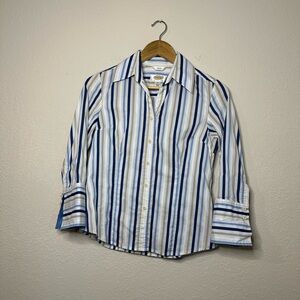 Talbots Blue, Grey, & Cream Striped Button Down Size Small Petite